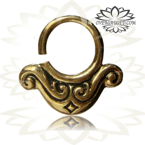 Single Ornate Brass Septum Ring, Lotus Flower inspired Septum Ring, Ring Diameter 9mm.