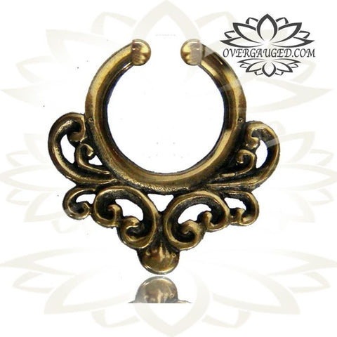 Single Brass Fake Septum Nose Ring, Antiqued Tribal With Pink Agate Stone, Non-Nose Piercing, Ring Diameter 9mm.