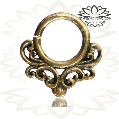 Single Ornate Brass Septum Ring, Lotus Flower inspired Septum Ring, Ring Diameter 9mm.