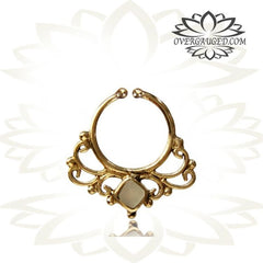 Single Ornate Brass Septum Ring, Cheater Septum Fake Brass Septum Ring, Antiqued Tribal Septum Ring, Inlay Mother of Pearl Shell MOP, Non Piercing Septum Ring.
