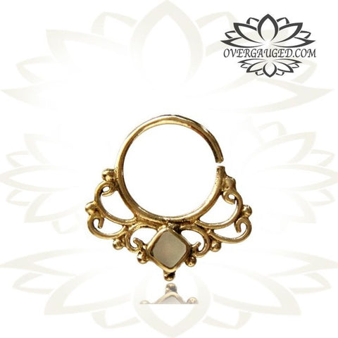 Single Ornate Brass Septum Ring, Lotus Flower inspired Septum Ring, Ring Diameter 9mm.