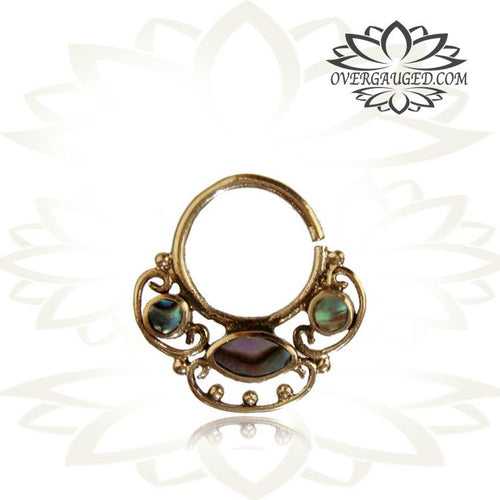 Single Ornate 16g Tribal Septum Ring,  Antiqued Brass Septum Ring with Inlayed Abalone Shell, Brass Septum Ring, Ring diameter 9mm.