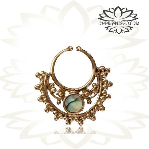 Single Tribal Brass Fake Septum with Inlay Abalone Shell, Non Piercing Ring, Fake Brass Septum Ring.