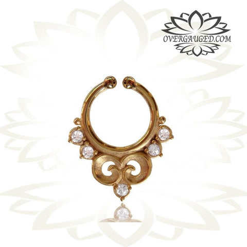 Single Brass Fake Septum Nose Ring, Antiqued Tribal With Pink Agate Stone, Non-Nose Piercing, Ring Diameter 9mm.
