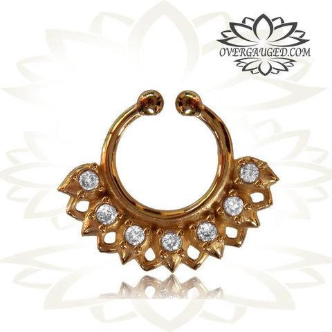 Single Brass Fake Septum Nose Ring, Antiqued Tribal With Pink Agate Stone, Non-Nose Piercing, Ring Diameter 9mm.