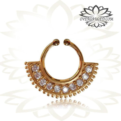 Single Ornate Fake Brass Septum Ring, Non Piercing Septum Ring, Antiqued Afghan Tribal with Cz's, Ring diameter 9mm.