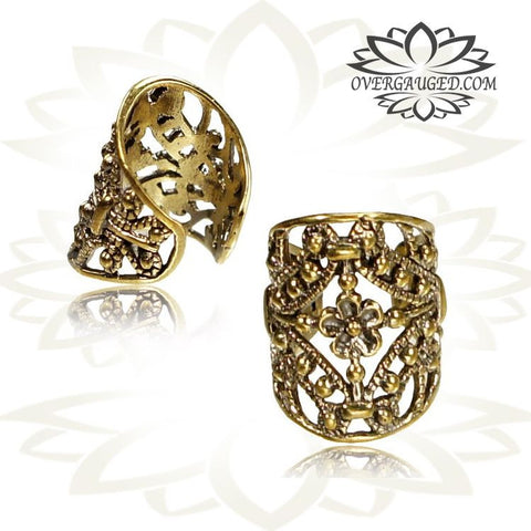 Single Ornate Om Symbol in Lotus Bloom Brass Ear Cuff / Dread Bead Tribal Brass Jewelry Ear Cuffs.