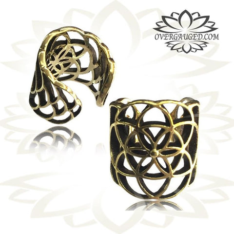 Single Ornate Om Symbol in Lotus Bloom Brass Ear Cuff / Dread Bead Tribal Brass Jewelry Ear Cuffs.