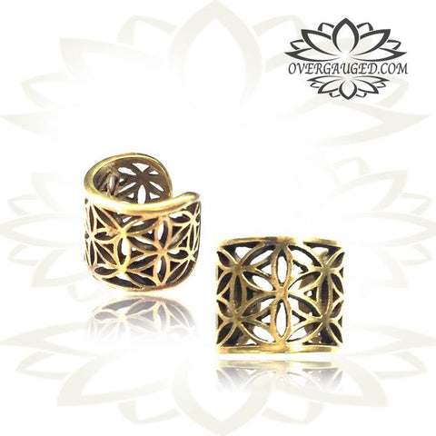 Single Ornate Om Symbol in Lotus Bloom Brass Ear Cuff / Dread Bead Tribal Brass Jewelry Ear Cuffs.