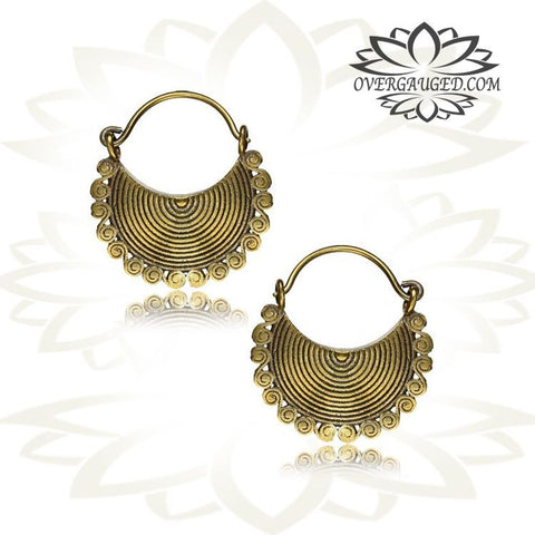 Pair Brass Earrings Antiqued Lotus Flower Tribal Hoops Hangers.