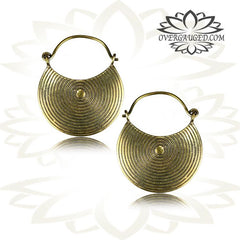 Pair of Round Brass Earrings, Antiqued Thai Hill Tribe Designed Tribal Hoops, Brass Body Piercing.