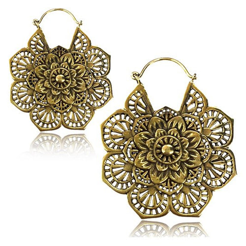 Pair of Brass Earrings, Antiqued Mandala Tribal Hoops, Large Flower Style Hanging Gauges.