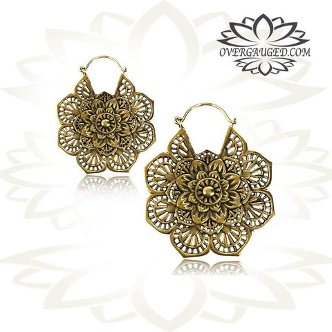 Pair Brass Earrings Antiqued Lotus Flower Tribal Hoops Hangers.