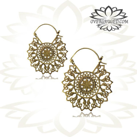 Pair Brass Earrings Antiqued Lotus Flower Tribal Hoops Hangers.