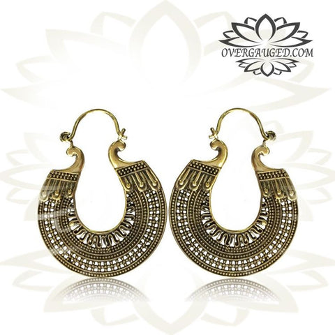Pair of Ornate White Brass Earrings, Tribal Brass Earrings with Mandala Flower, Silver Earrings, Double Sided Design.