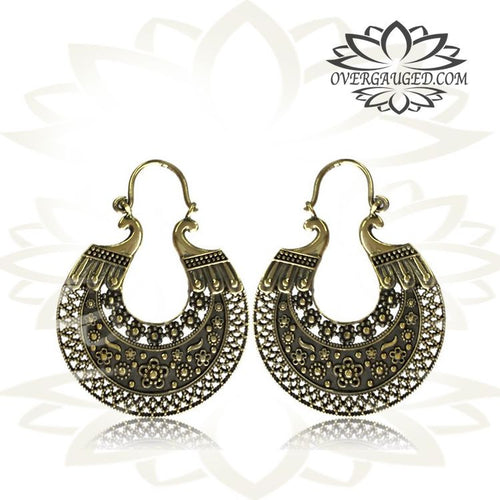 Pair of Brass Earrings, Large Ornate Antiqued Afghan Flower Tribal Hoops Hangers.