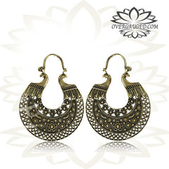 Pair of Brass Earrings, Large Ornate Antiqued Afghan Flower Tribal Hoops Hangers.
