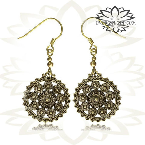 Pair of Brass Earrings, Antiqued Mandala Tribal Hoops, Large Flower Style Hanging Gauges.