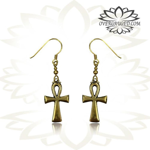 Pair of Brass Earrings Ornate Tribal Brass Ankh Cross of Life Brass Fishhook Earrings.