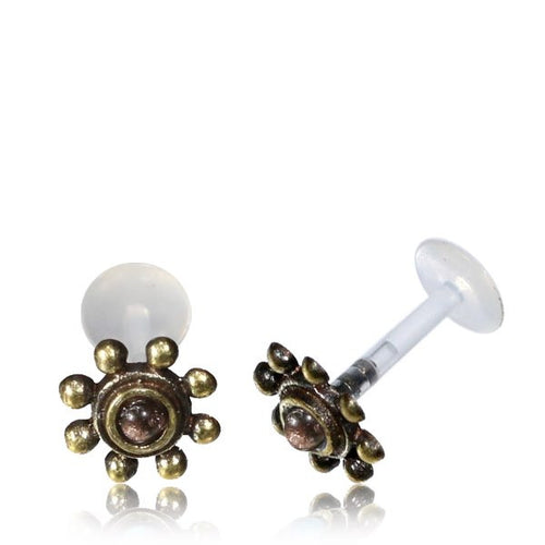 Single Brass 16g Tragus, Brass Tribal Labret, Antiqued Brass Tragus with Amethyst Stone, Tribal Ear Stud, Tribal Body Jewelry.