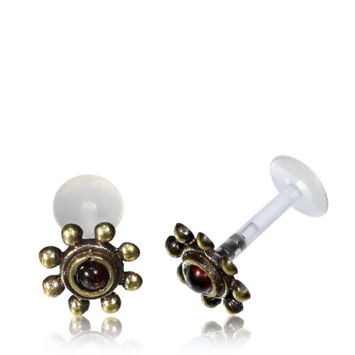 Single 16g Brass Tragus, 16g Tribal Brass Labret, Antiqued with Red Garnet Stone, Tribal Brass Body Jewelry, Helix Stud, Conch or Ear Piercing.