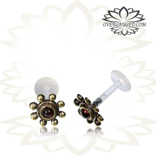 Single 16g Brass Tragus, 16g Tribal Brass Labret, Antiqued with Red Garnet Stone, Tribal Brass Body Jewelry, Helix Stud, Conch or Ear Piercing.