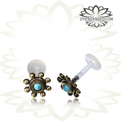 Single Brass Tragus in 16g, Tribal Brass Labret Stud with Turquoise Stone, Tribal Ear Stud, Brass Earring, Tribal Body Jewelry.