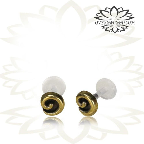 Single 16g Brass Labret, Tragus Earring, Brass Labret Swirl Spiral Design, Tribal Brass Jewelry, Brass Nose Stud, Brass Earrings, Madonna Lip Piercing.