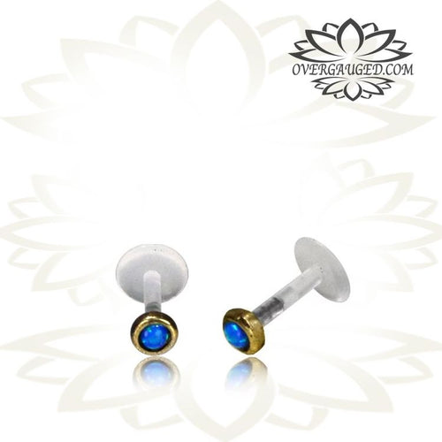 Single Small Brass Tragus, Brass 16g Tribal Labret with Blue Opal, Tribal Nose Stud, Brass Earrings, Tribal Brass Jewelry.