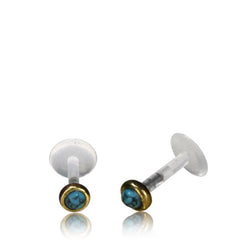 Single 16g Brass Tragus Ring, 16g Labret Ear Stud, Antiqued Labret with Turquoise Stone, Tribal Brass Jewelry, Madonna Lip Piercing Brass Body Jewelry.
