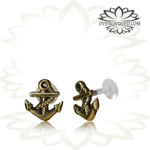 Single 16g (1.2mm) Brass Anchor Labret Tragus, Antiqued Tribal Labret Earring, Madonna Piercing, Lip Ring.