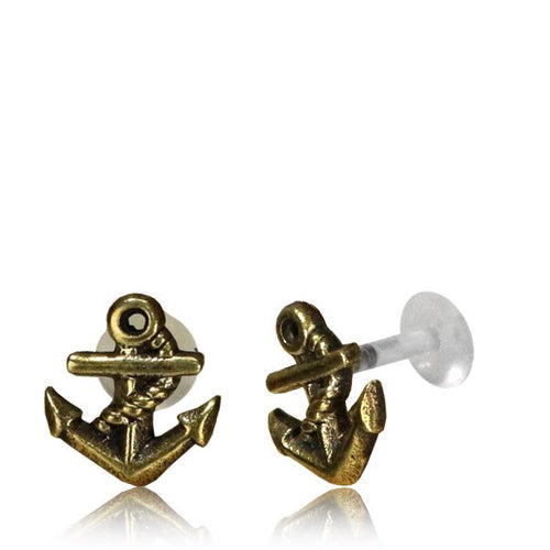 Single 16g (1.2mm) Brass Anchor Labret Tragus, Antiqued Tribal Labret Earring, Madonna Piercing, Lip Ring.