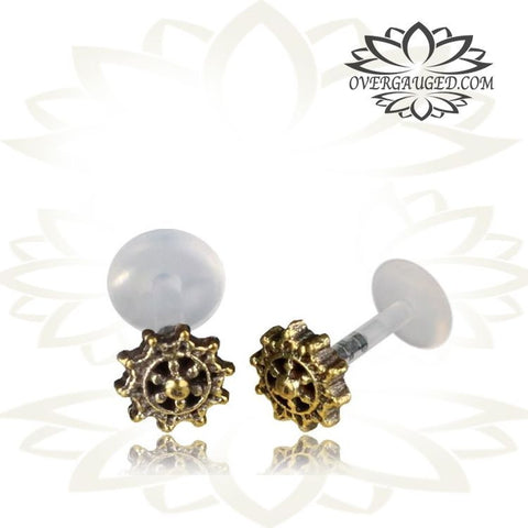 Single 16g (1.2mm) Brass Labret, Kitty Cat Gothic Ear Stud Earring, Madonna Piercing, Tribal Brass Labret, Tribal Tragus Earring, Tribal Brass Jewelry.