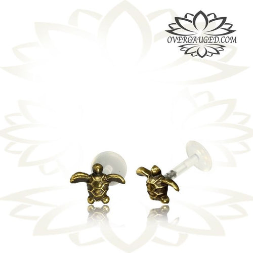 Single 16g Brass Tragus, Tribal Brass Labret of Sea Turtle, Tribal Brass Earring, Madonna Lip, Tribal Piercing, Body Jewelry.