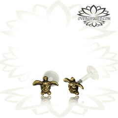 Single 16g Brass Tragus, Tribal Brass Labret of Sea Turtle, Tribal Brass Earring, Madonna Lip, Tribal Piercing, Body Jewelry.