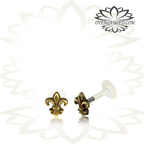 Single Tragus Earring 16g (1.2mm) Brass Labret Antiqued Fleur De Lis Flower, Tribal Helix Ear Piercing, Nose Stud, Lip Madonna Piercing Bio PlastiK.