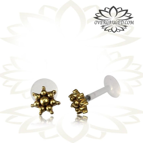 Single 16g Brass Labret, Brass Tragus in 16g, Tribal Labret Jewelry, Antiqued Brass Flower Tragus, Tribal Ear Stud, Brass Earrings,  Madonna Lip Piercing.