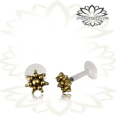 Single 16g Brass Labret, Brass Tragus in 16g, Tribal Labret Jewelry, Antiqued Brass Flower Tragus, Tribal Ear Stud, Brass Earrings,  Madonna Lip Piercing.