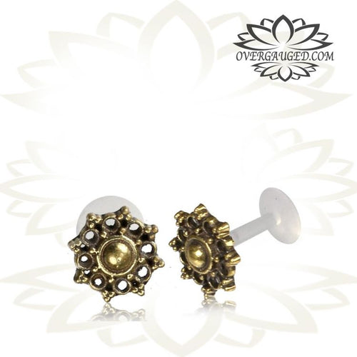 Single Brass 16g Labret, Brass Tragus in 16g, Tribal Brass Labret Stud, Antiqued Brass Tribal Earrings, Madonna Lip Piercing, Tribal Earring.