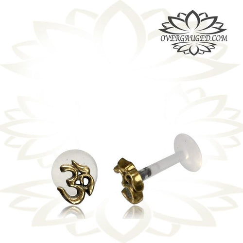 Single 16g Brass Hindu Om Symbol Labret, 16g Brass Tragus Earring, Brass Tribal Jewelry, Madonna Lip, Helix Piercing.