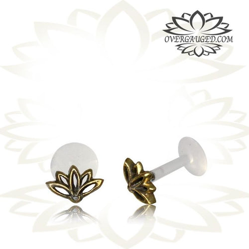 Single Tragus Earring in 16g, Brass Labret Piercing, Antiqued Brass Lotus Flower, Tribal Madonna Lip Piercing, Tribal Body Jewelry.