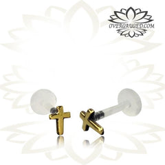 Single 16g Tribal Brass Labret, Brass Cross Labret Bio PlastiK Post, Brass Tragus Earring, Tribal Body Jewelry.