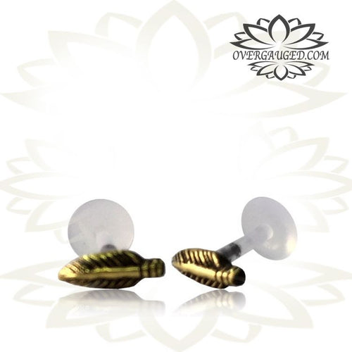 Single Tribal Brass Tragus 16g, Brass Labret Stud, Antiqued Brass Feather Tribal Earring, Madonna Lip Piercing, Tribal Body Jewelry.