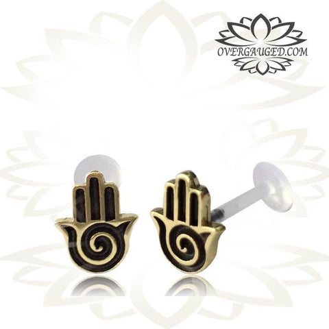 Single 16g (1.2mm) Brass Labret, Kitty Cat Gothic Ear Stud Earring, Madonna Piercing, Tribal Brass Labret, Tribal Tragus Earring, Tribal Brass Jewelry.