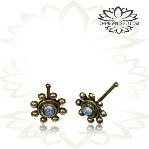 Single Ornate Tribal Flower Brass Nose Stud With Inlayed Red Garnet Stone .