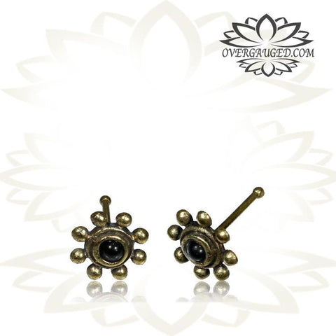 Single Ornate Tribal Flower Brass Nose Stud With Inlayed Red Garnet Stone .