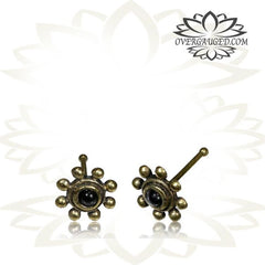 Single Brass Nose Stud, Tribal Brass Nose Pin, Flower Inlay Onyx Stone 20g, Nose Bone Nose Pin.