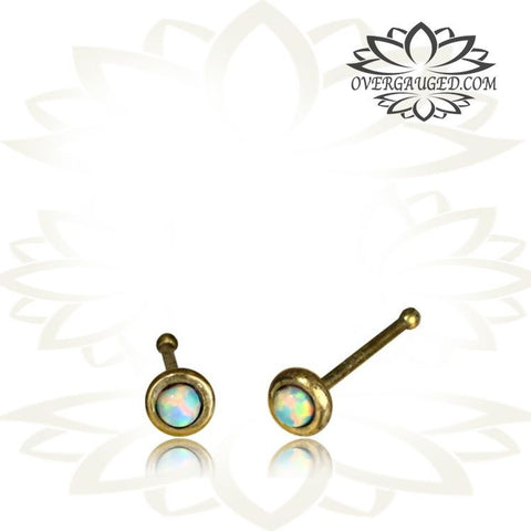 Single Ornate Tribal Brass Nose Stud, Blue Opal Brass Nose Stud, 20g Nose Pin, Nose Bone, Nose Body Jewelry.