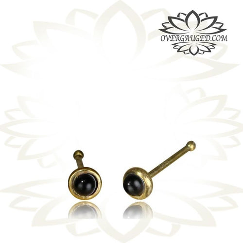 Single Ornate Tribal Brass Nose Stud, Black Onyx Stone Inlay, 20g Nose Stud, Tribal Nose Bone, Nose Pin Nose Jewelry.