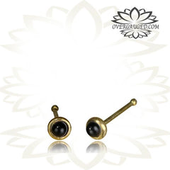 Single Ornate Tribal Brass Nose Stud, Black Onyx Stone Inlay, 20g Nose Stud, Tribal Nose Bone, Nose Pin Nose Jewelry.